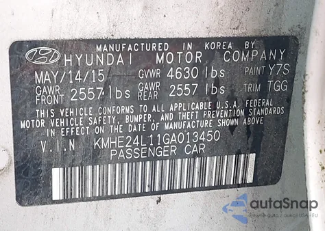 2016 Hyundai Sonata Hybrid Se из США, поврежденный, VIN KMHE24L11GA013450